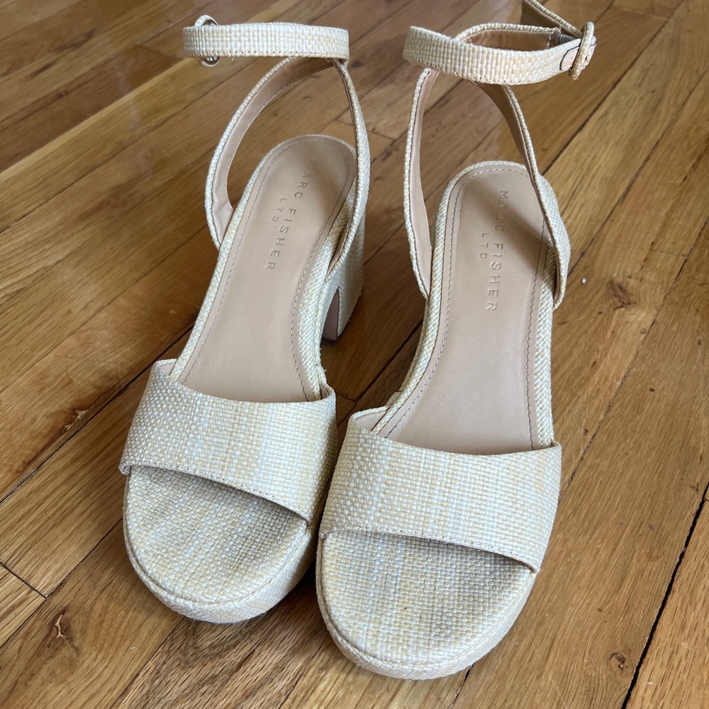 Marc Fisher Neutral Woven Ankle-Strap Block Heel Sandals